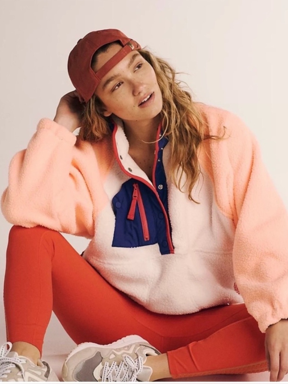 Free People Peach and White Teddy Jacket with Navy Trim